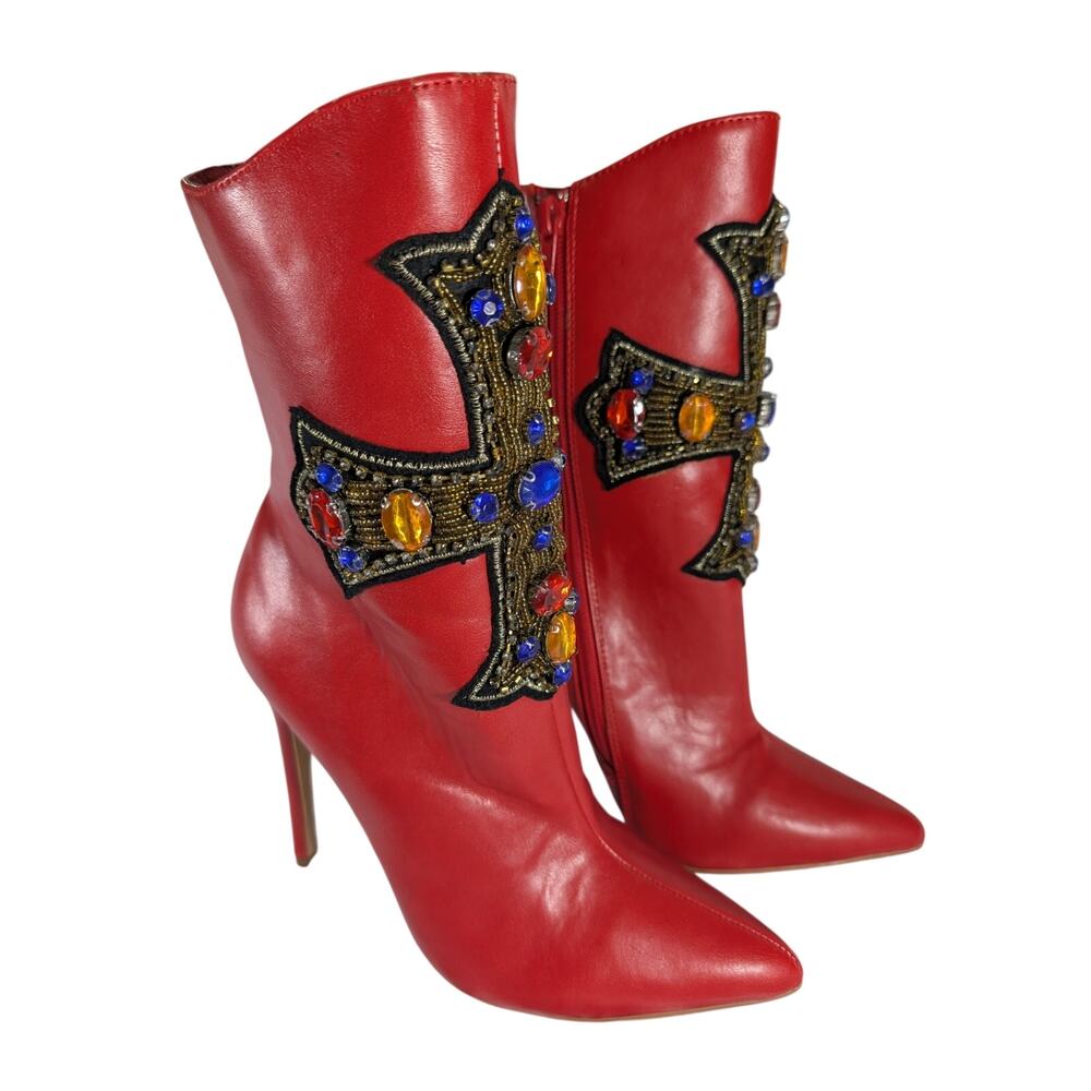 NWOT! FAB ROUGE RED ANKLE BOOTS WITH BEADED & JEWELED, EMBROIDERED CROSS! SZ 6